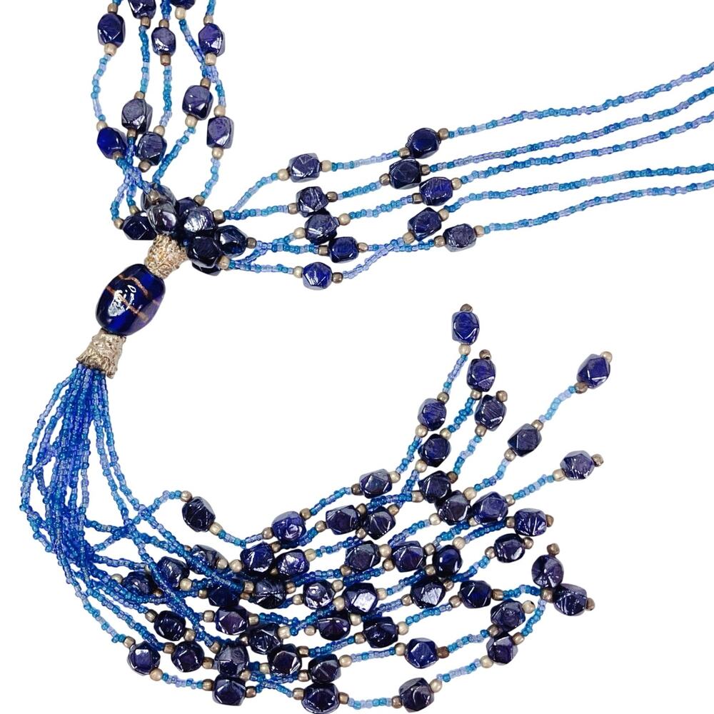 Vintage Glass Bead Tassel Necklace Blue Multi Strand Bohemian Artisan Jewelry